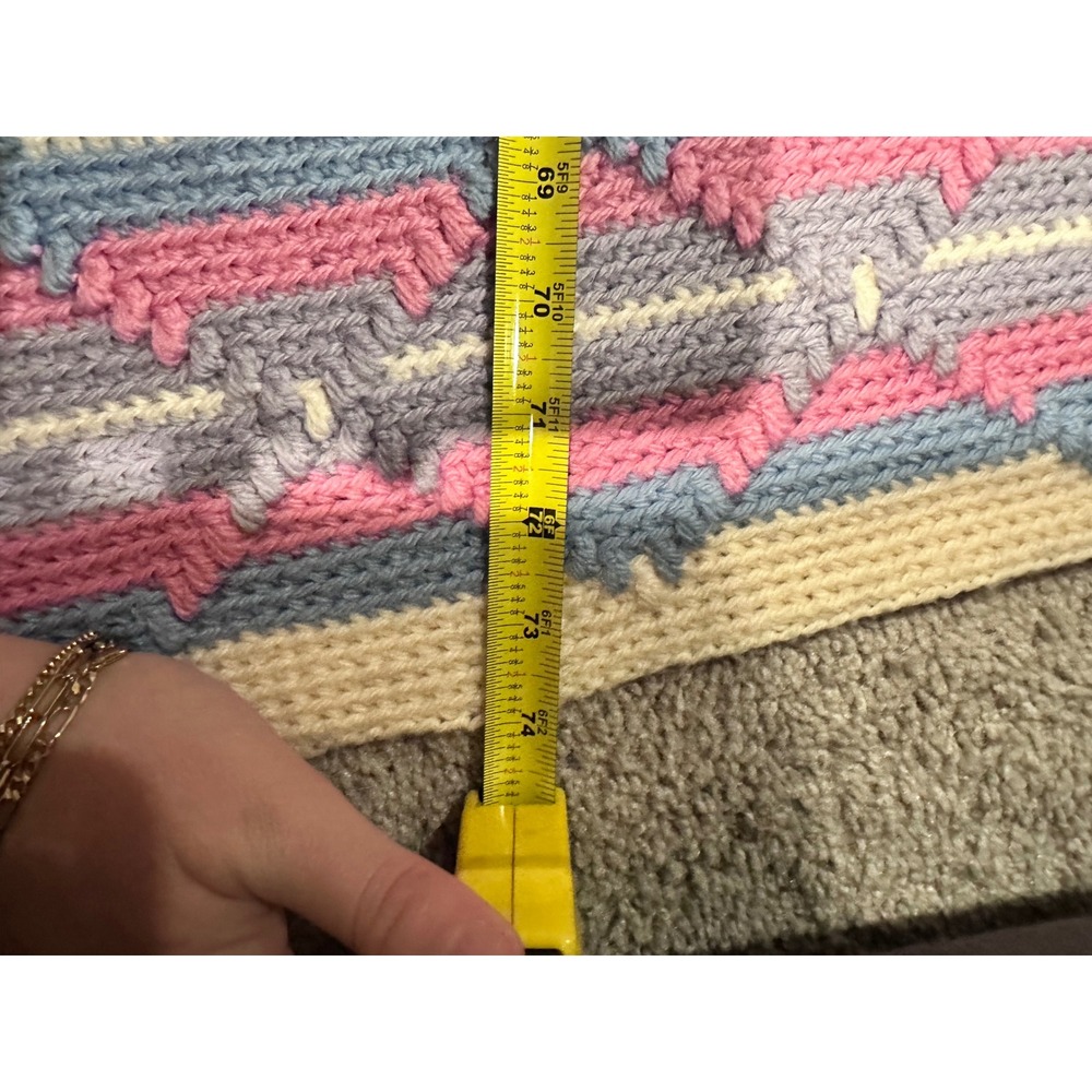Handmade Crochet Blanket Throw Pink Blue‎ Gray White Striped Afghan Cottage - Picture 7 of 8